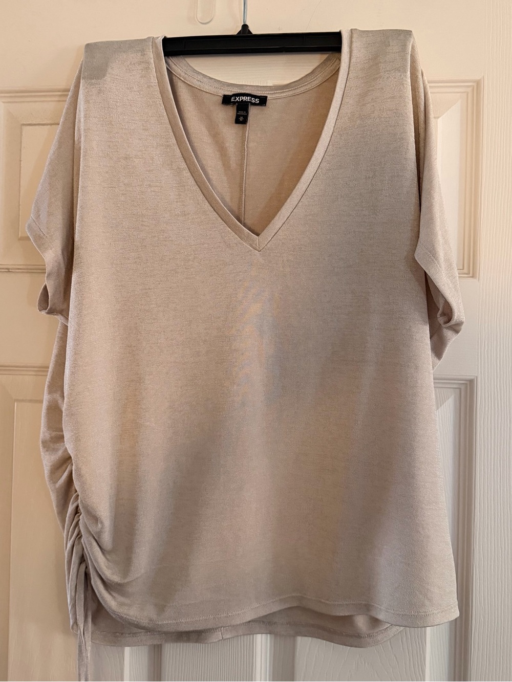 Express Short Sleeve V-Neck Top in Light Beige